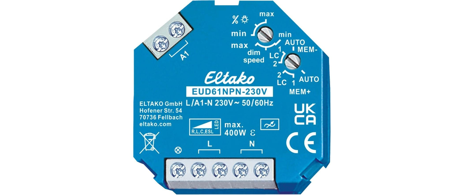 Eltako Dimmaktor – 230 V, 400 VA, 1× Tastereingang 230 V, Unterputzmontage, Blau