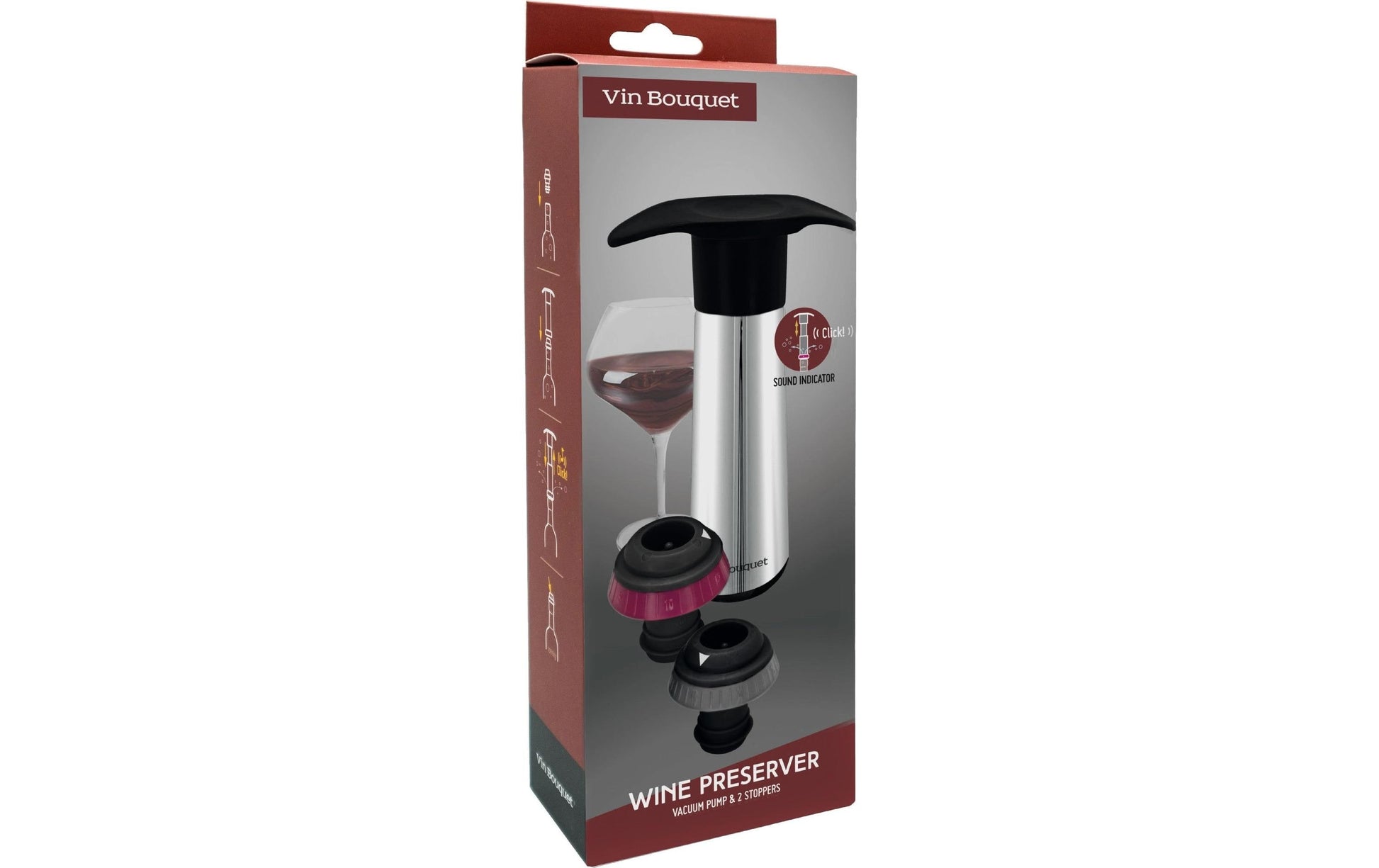 Vin Bouquet Weinpumpe Sound Indicator – 8 × 3,5 × 13 cm, Silber, inkl. 2 Weinverschlüsse, Vakuumverschluss