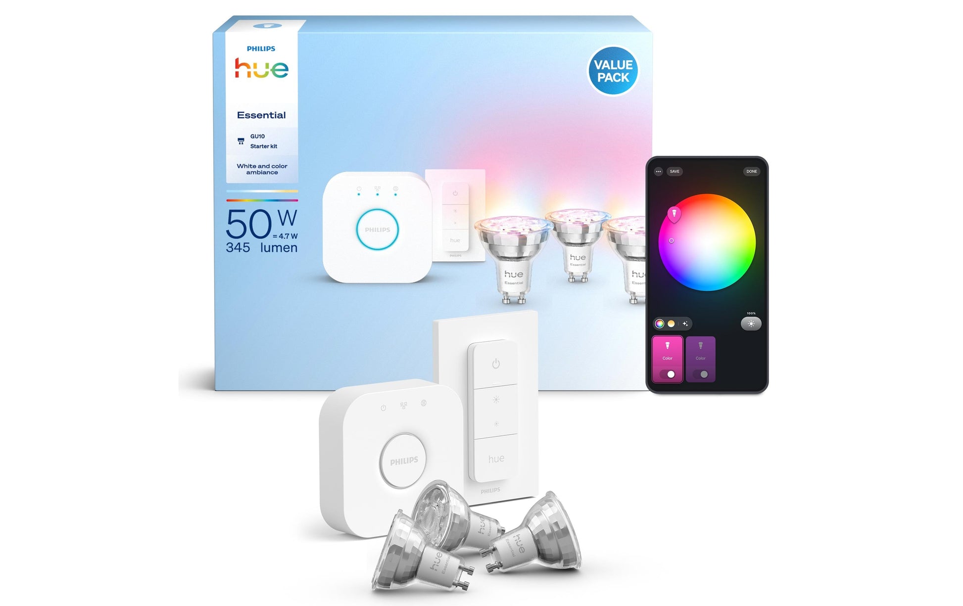 Philips by Signify Philips Hue Basis – Smart-Leuchtmittel – GU10, 345 lm, Mehrfarbig, 2’200–6’500 K – 3er-Set