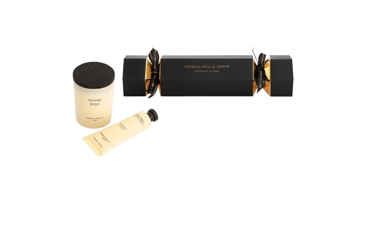 Cerería mollá Cracker Velvet Wood – Geschenkset, Kerze 70 g, Handcreme 30 ml