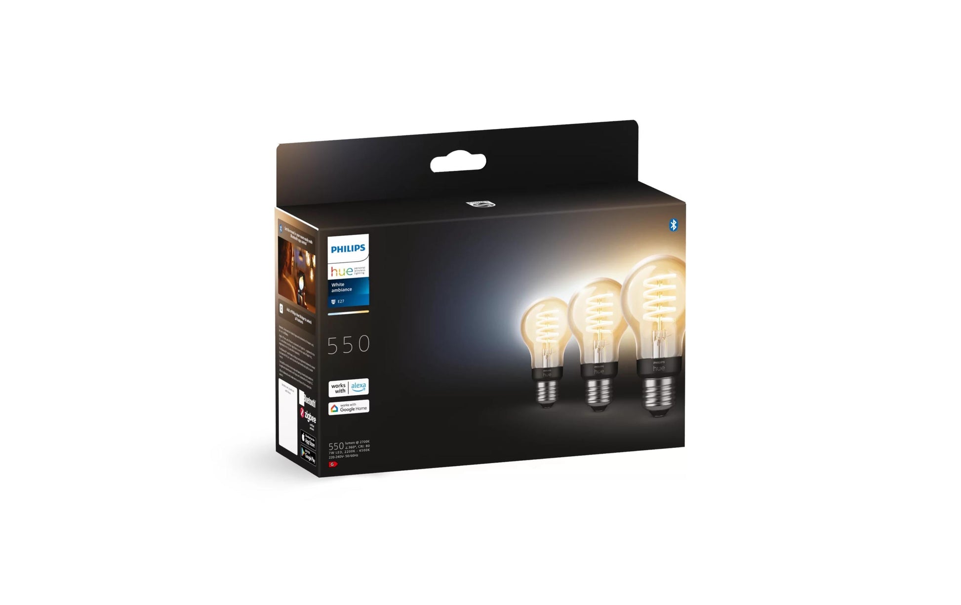 Philips by Signify Philips Hue Smart-Leuchtmittel E27 A60 – 2200–4500 K, 550 lm, 7 W, Bluetooth/Zigbee – 3 Stk. – Filament