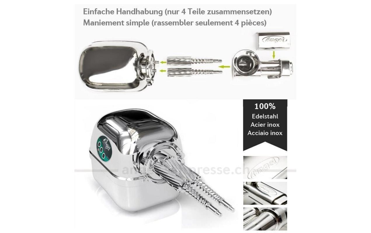 Angel Saftpresse 7500 – 1 l Saftbehälter, 0,5 l Tresterbehälter, 180 W, spülmaschinenfest – Silber