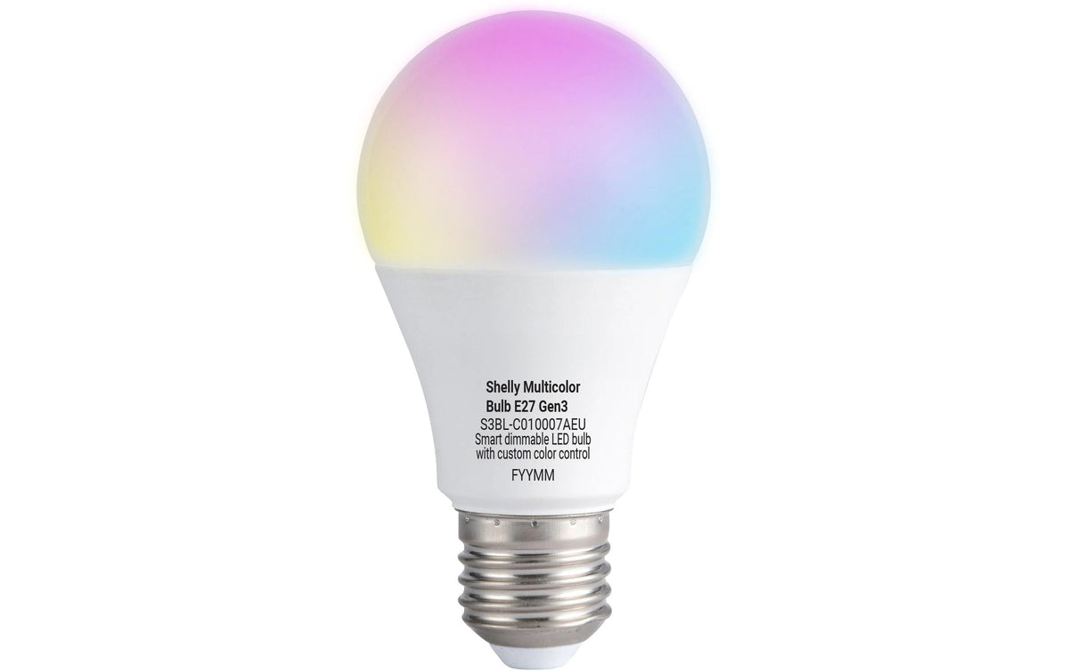Shelly Smart-Leuchtmittel E27 – 800 lm, 2700–6500 K/mehrfarbig, WLAN/App, dimmbar