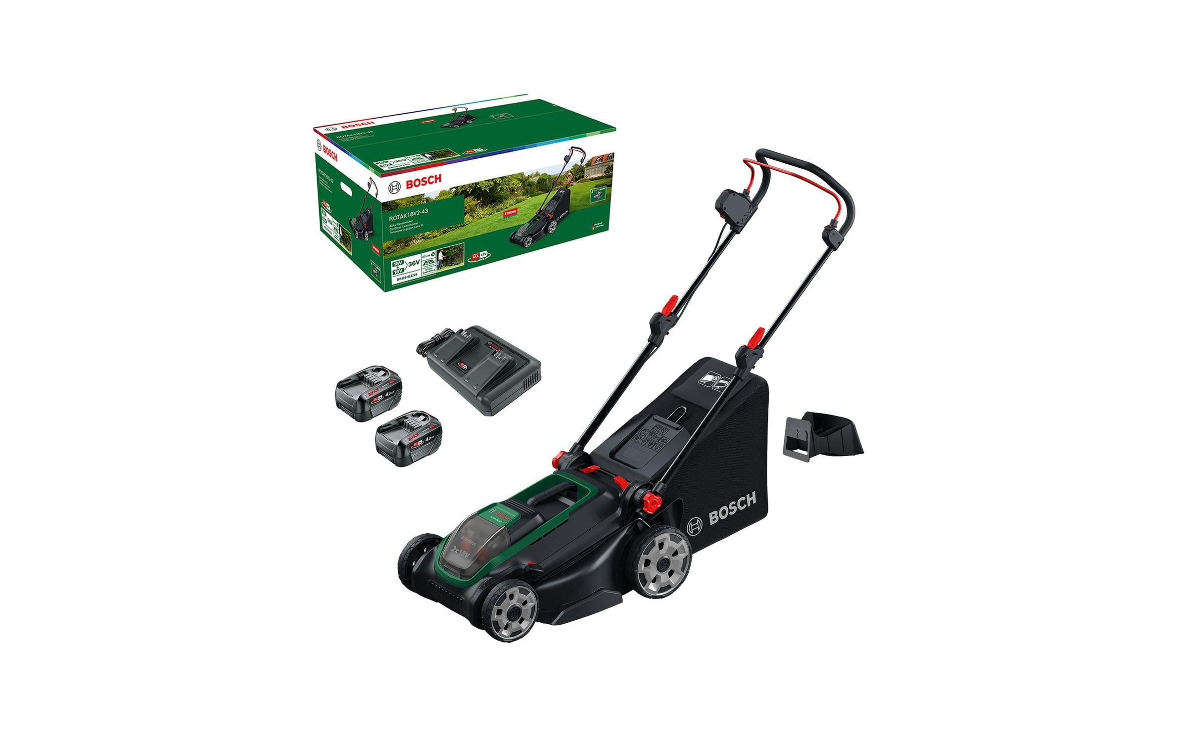 Bosch ROTAK18V2-43 Akku-Rasenmäher – 18 V – Schnittbreite 43 cm, 50 l – 2×4,0 Ah & Ladegerät – POWER FOR ALL