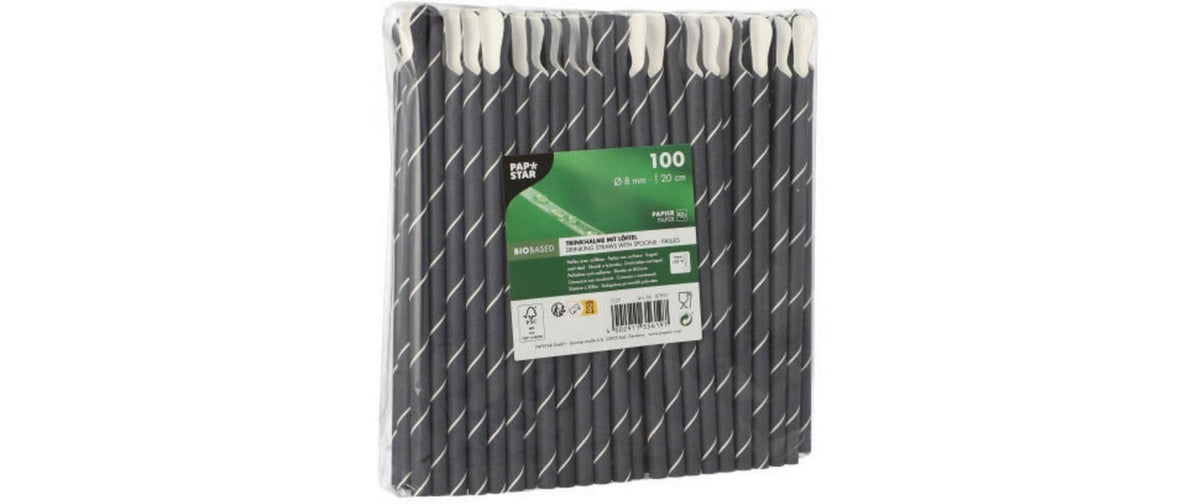Papstar Papierstrohhalme, Ø 8 mm 20 cm, schwarz/weiss – FSC – 100 Stk.