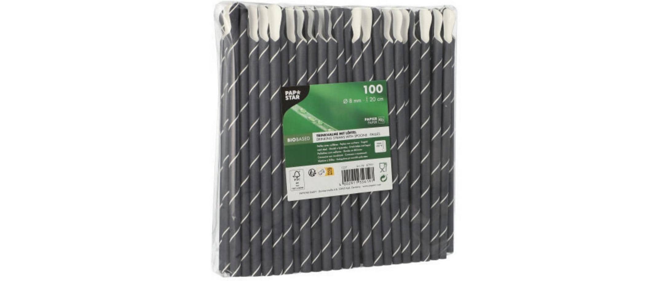 Papstar Papierstrohhalme, Ø 8 mm 20 cm, schwarz/weiss – FSC – 100 Stk.