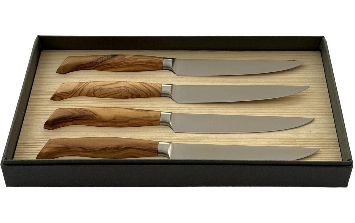 Wok Steakmesser – 4er-Set, 12 cm, Glatter Schliff, Edelstahl, Griff Olivenholz, Hellbraun