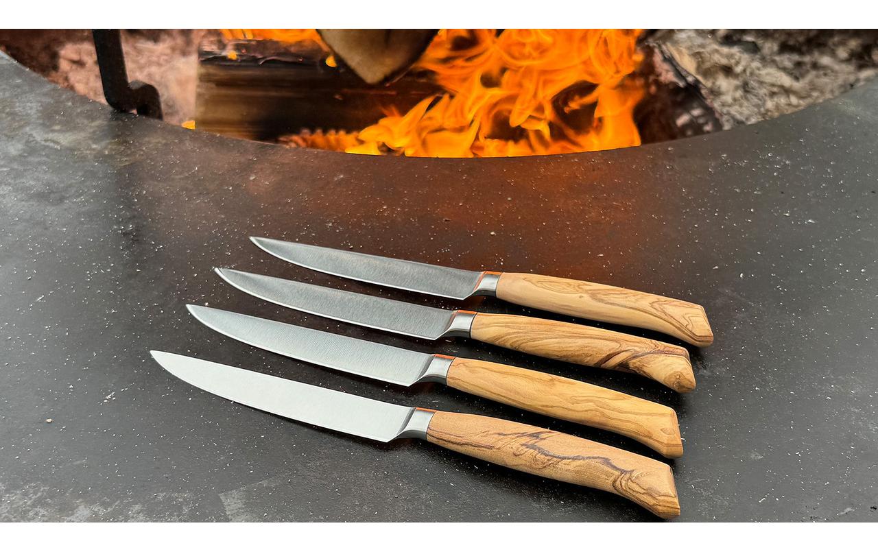 Wok Steakmesser – 4er-Set, 12 cm, Glatter Schliff, Edelstahl, Griff Olivenholz, Hellbraun