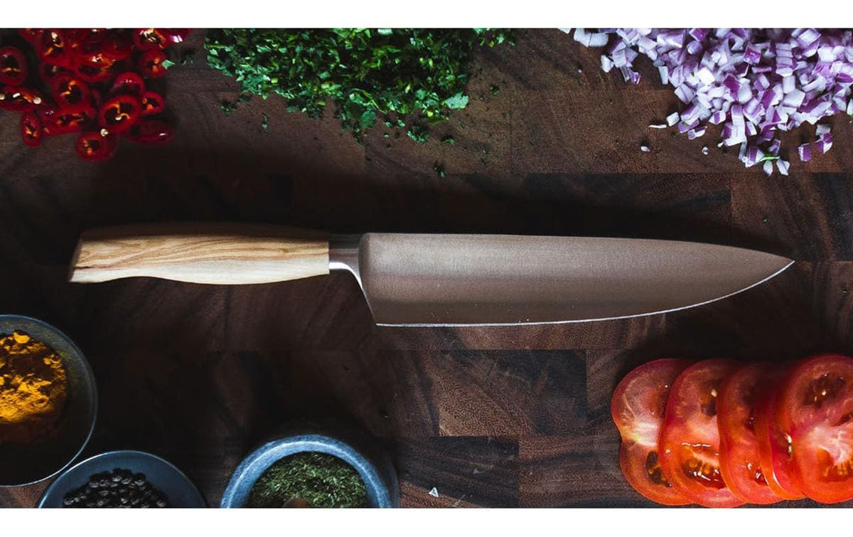 Wok Kochmesser 21 cm, Edelstahl/Olivenholz, Hellbraun