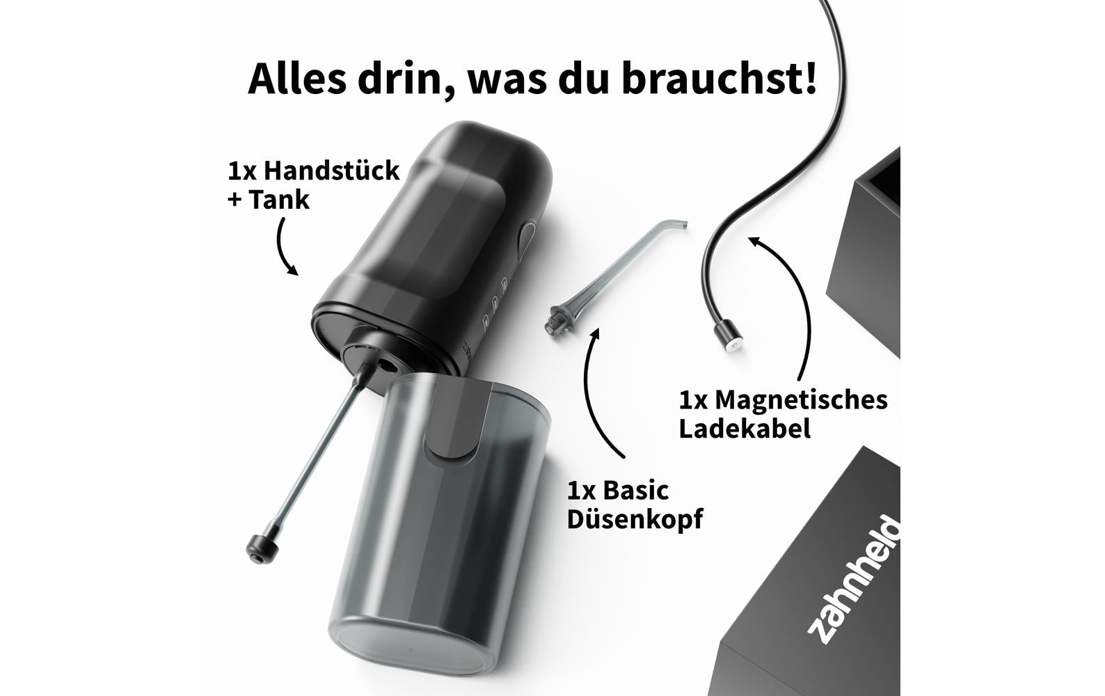 Zahnheld Munddusche Aquadent A2 – Akkubetrieb 2000 mAh, 3 Stufen – Schwarz