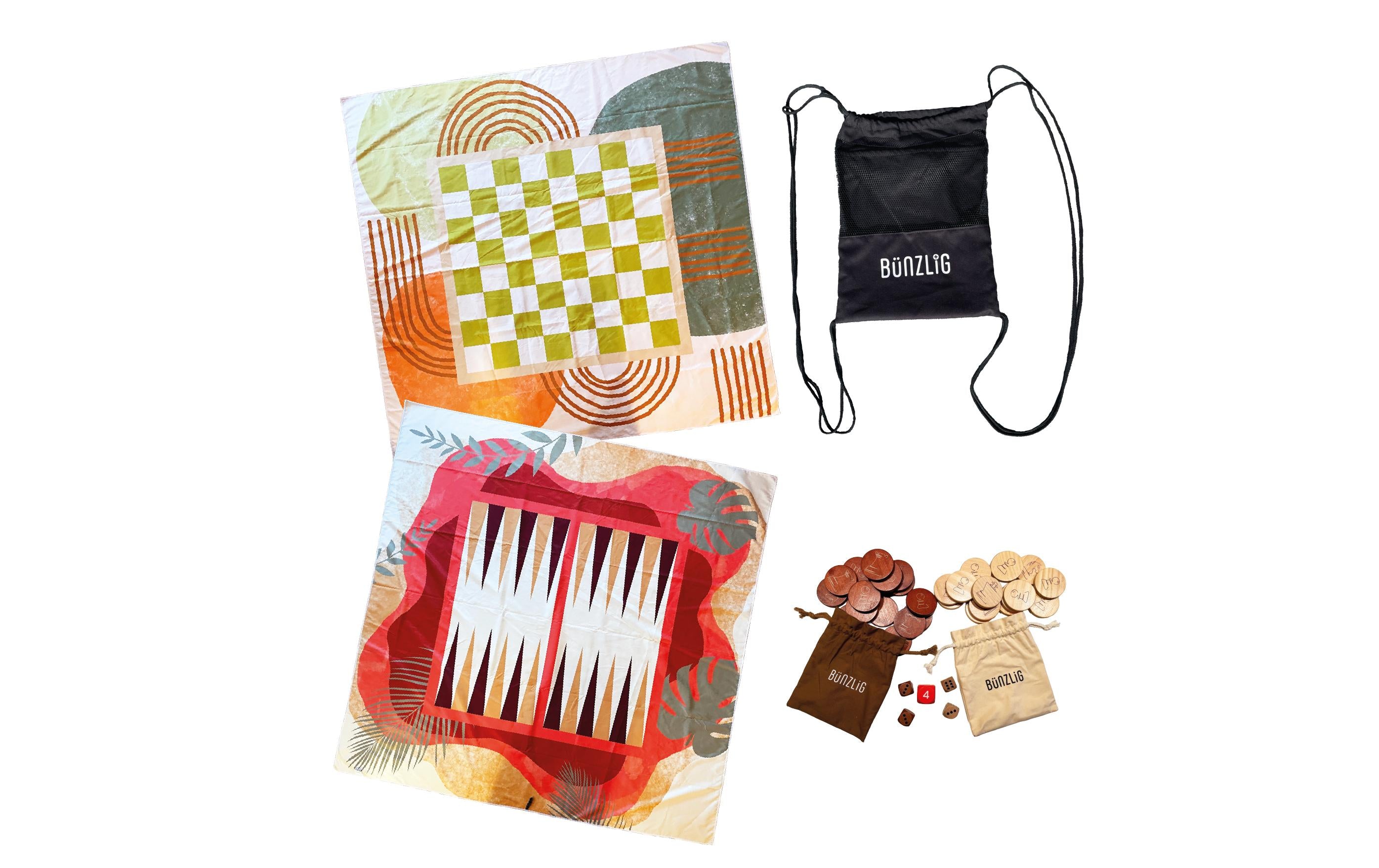 Bünzlig dog Backgammon-, Dame- und Schach-Set – Brettspiel, ab 6 Jahren