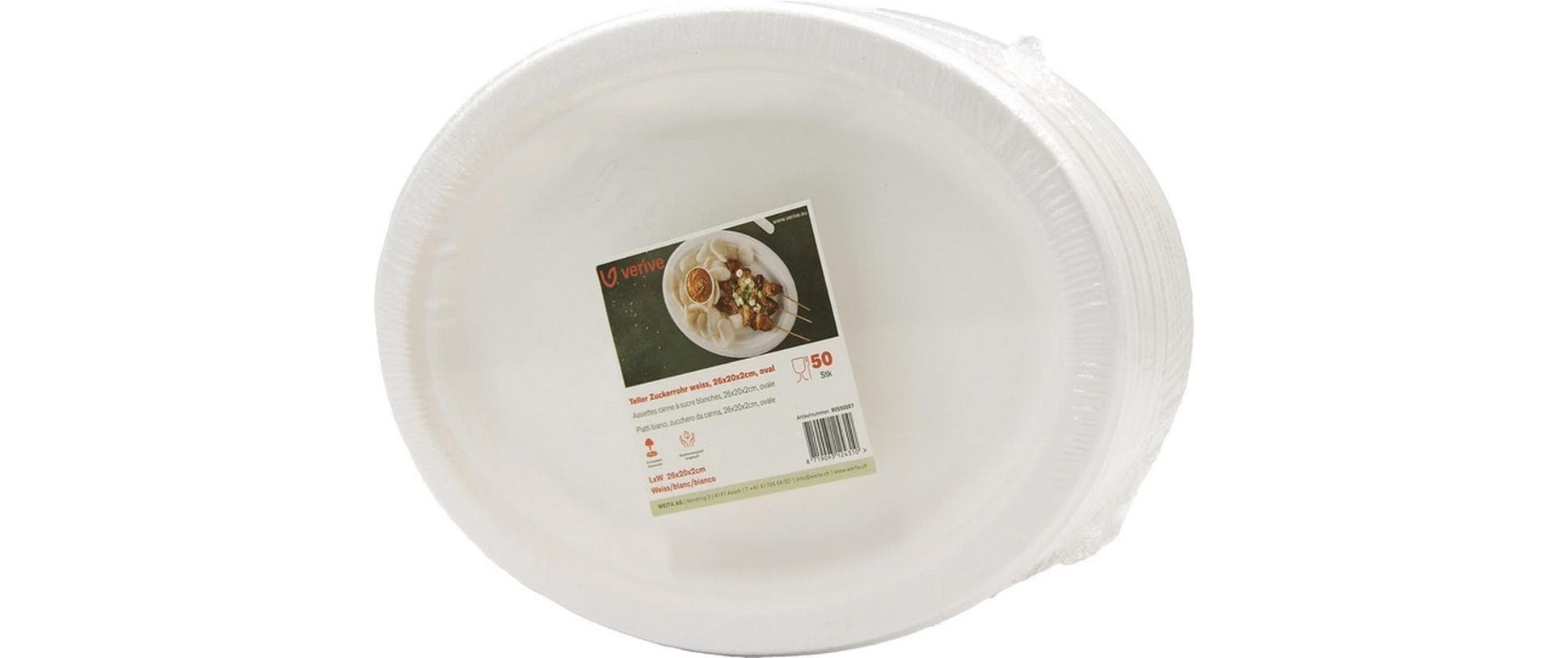 Verive Teller, Bagasse (Zuckerrohr), oval – 26 × 20 cm, weiss – 50 Stk.