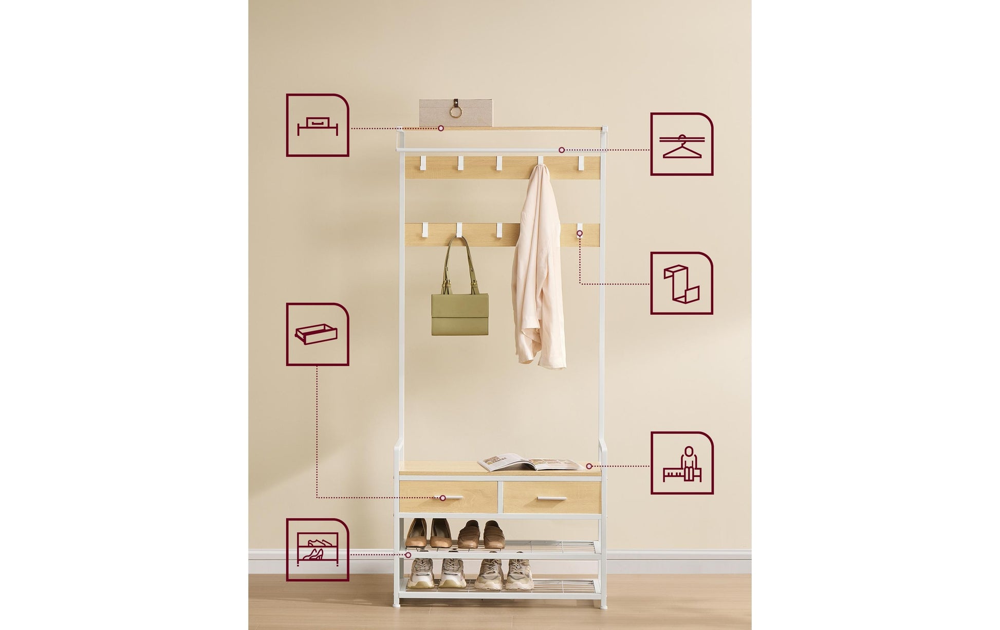 Vasagle Garderobe mit Schuhregal – Stahl/Spanplatte, Weiss/Gold, 80,4 × 30,0 × 181,6 cm