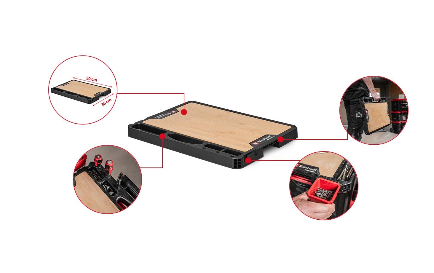 Einhell E-Case Arbeitsplatte – mit Handgriff, Klickverschluss, B 360 × H 42 × T 500 mm, für Einhell E-Case