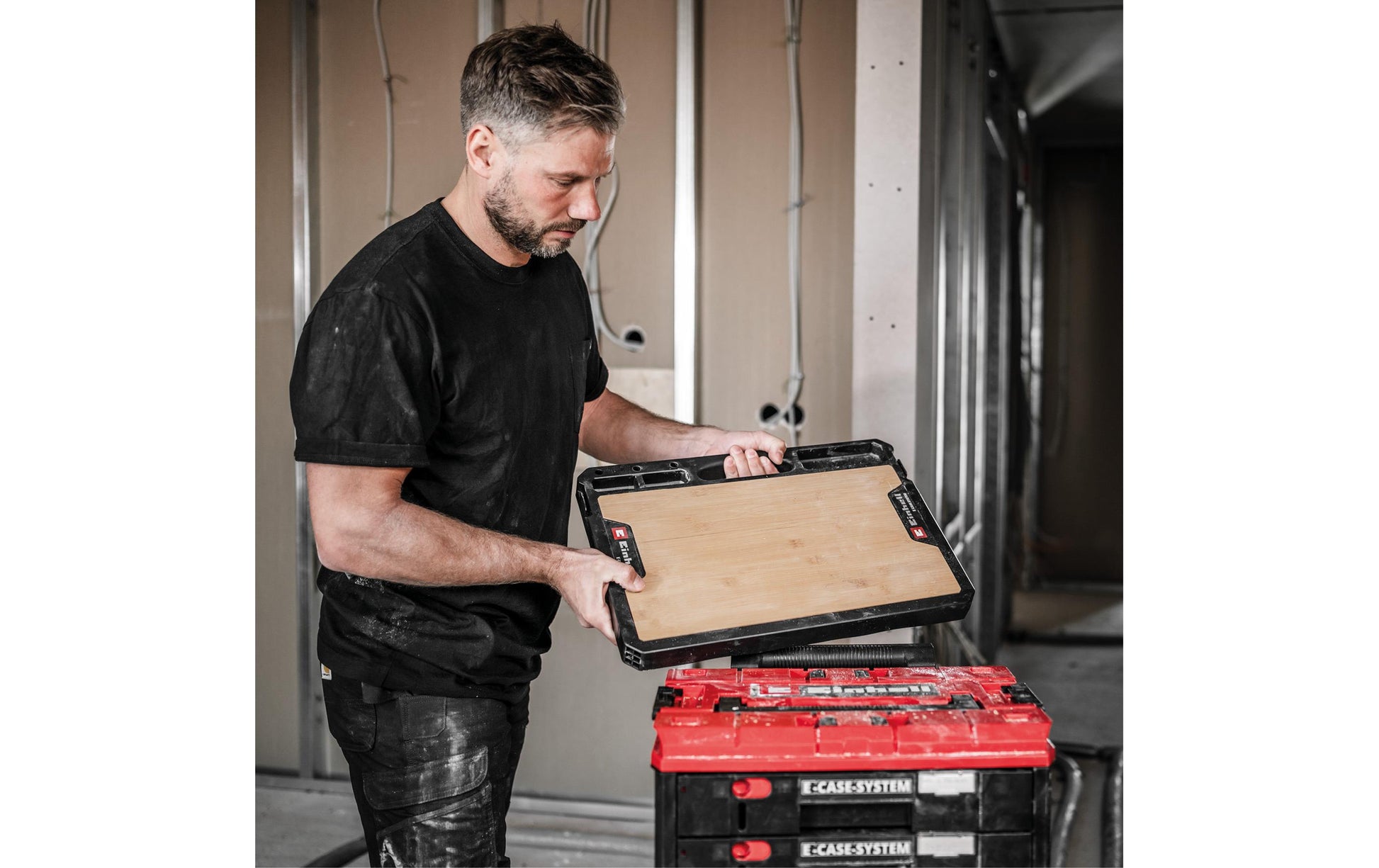 Einhell E-Case Arbeitsplatte – mit Handgriff, Klickverschluss, B 360 × H 42 × T 500 mm, für Einhell E-Case