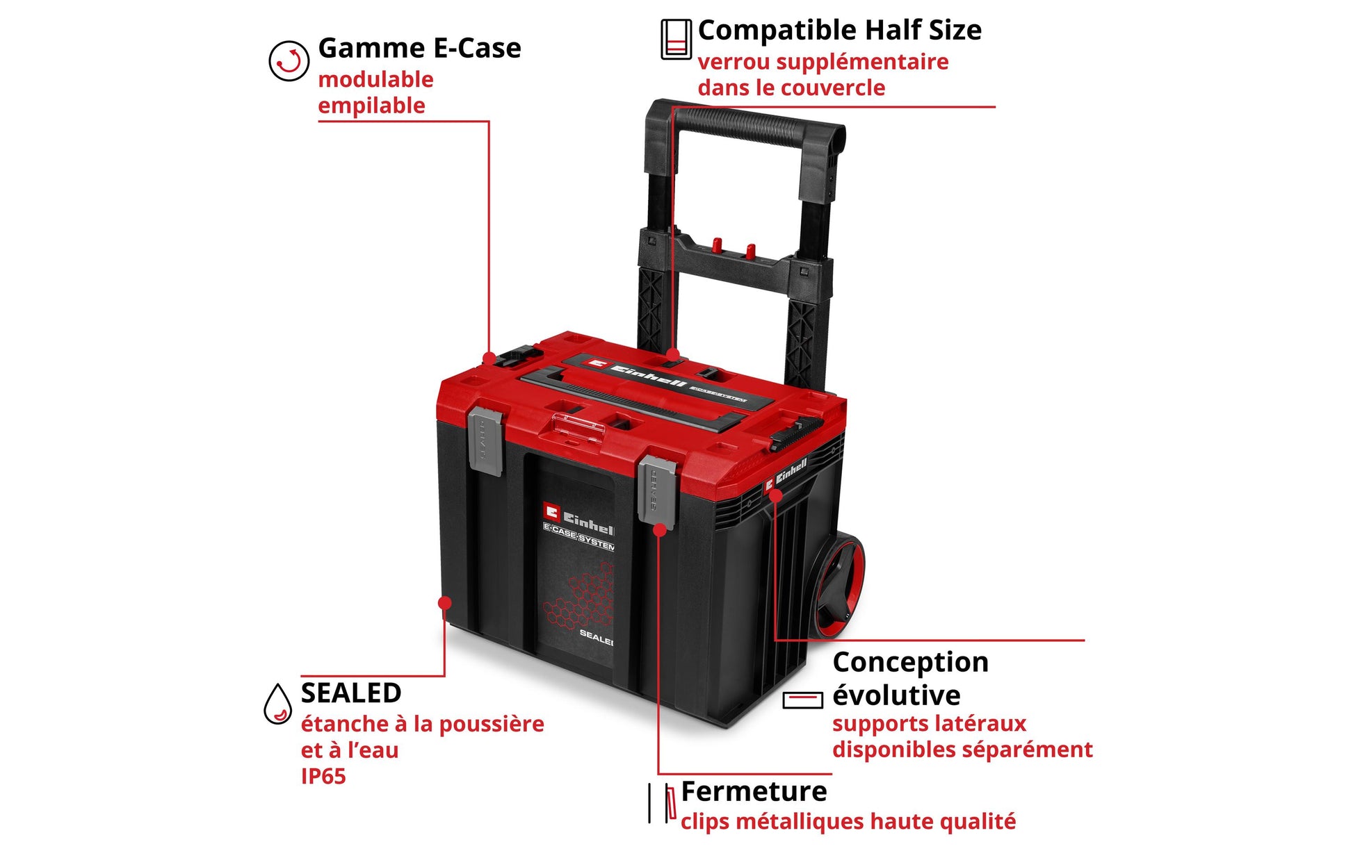 Einhell E-Case L Systemkoffer – leer, 2 Rollen, abschliessbar, B 403 × H 360 × T 444 mm, für Einhell E-Case