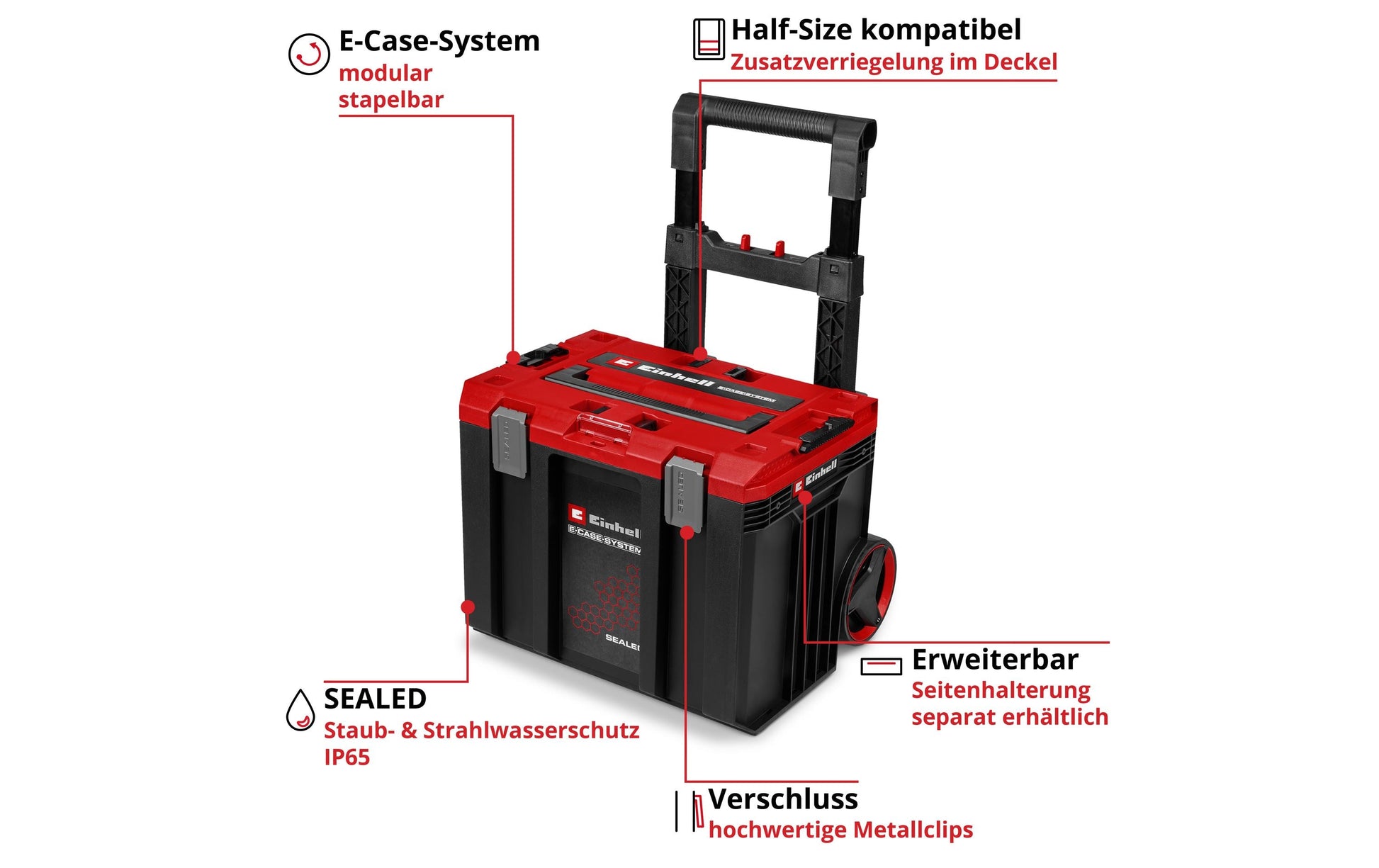 Einhell E-Case L Systemkoffer – leer, 2 Rollen, abschliessbar, B 403 × H 360 × T 444 mm, für Einhell E-Case