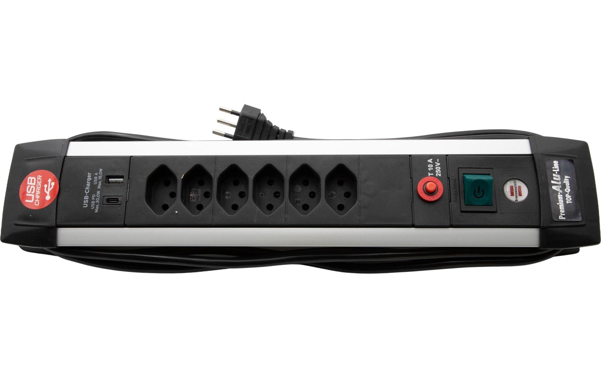 Brennenstuhl Premium-Alu-Line Steckdosenleiste, 6×T13, 1×USB-A + 1×USB-C PD 30 W, 3 m – schwarz/silber