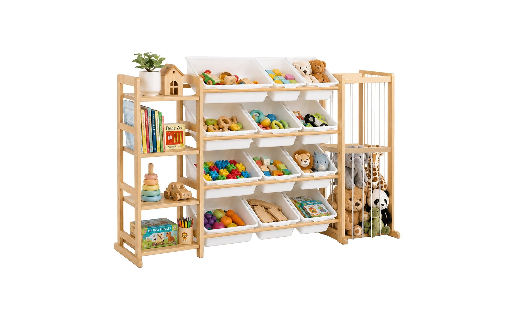Relaxdays Kinderregal – Kiefernholz/Kunststoff/Polyester – Braun/Weiss – 4 Tablare – 1500 × 800 × 300 mm