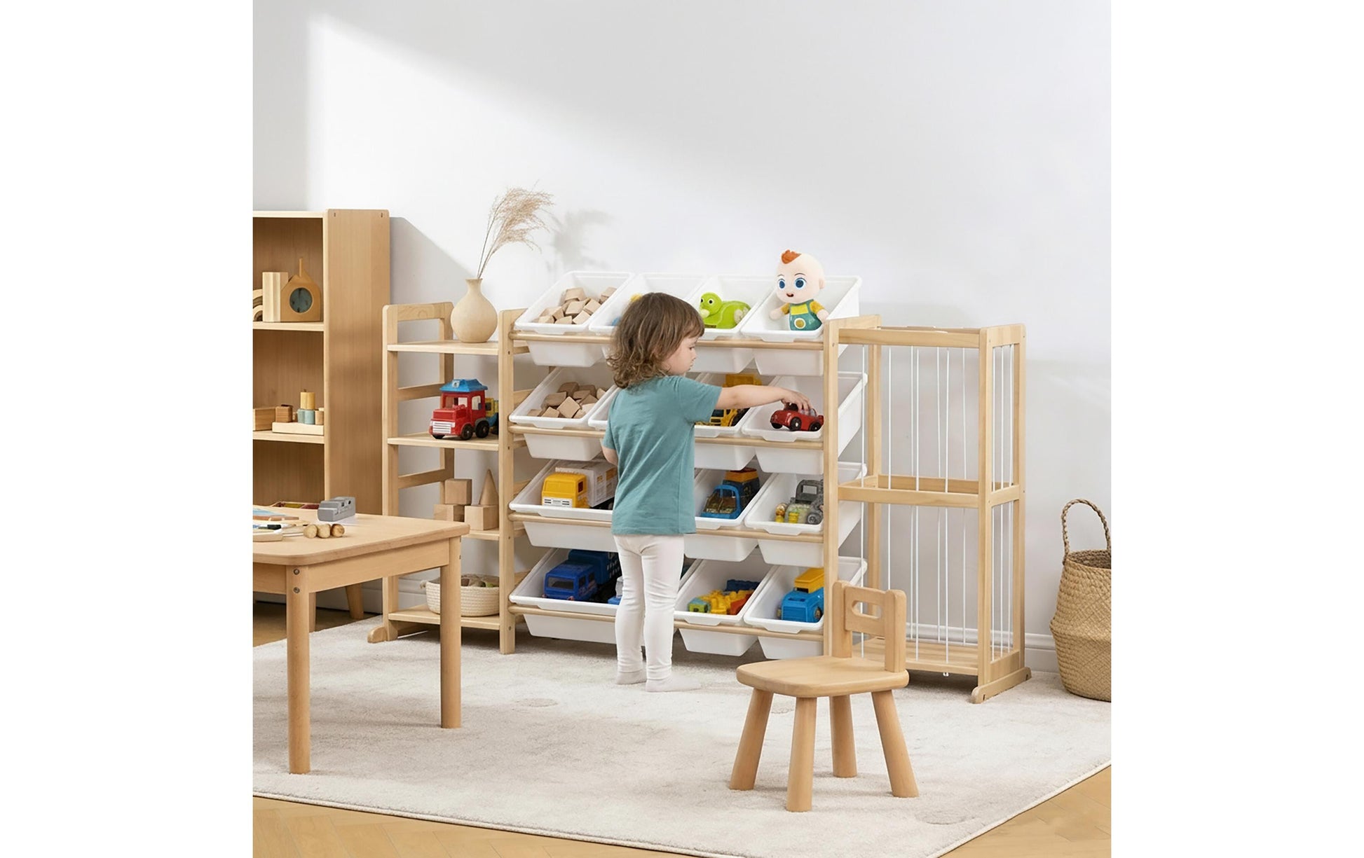 Relaxdays Kinderregal – Kiefernholz/Kunststoff/Polyester – Braun/Weiss – 4 Tablare – 1500 × 800 × 300 mm