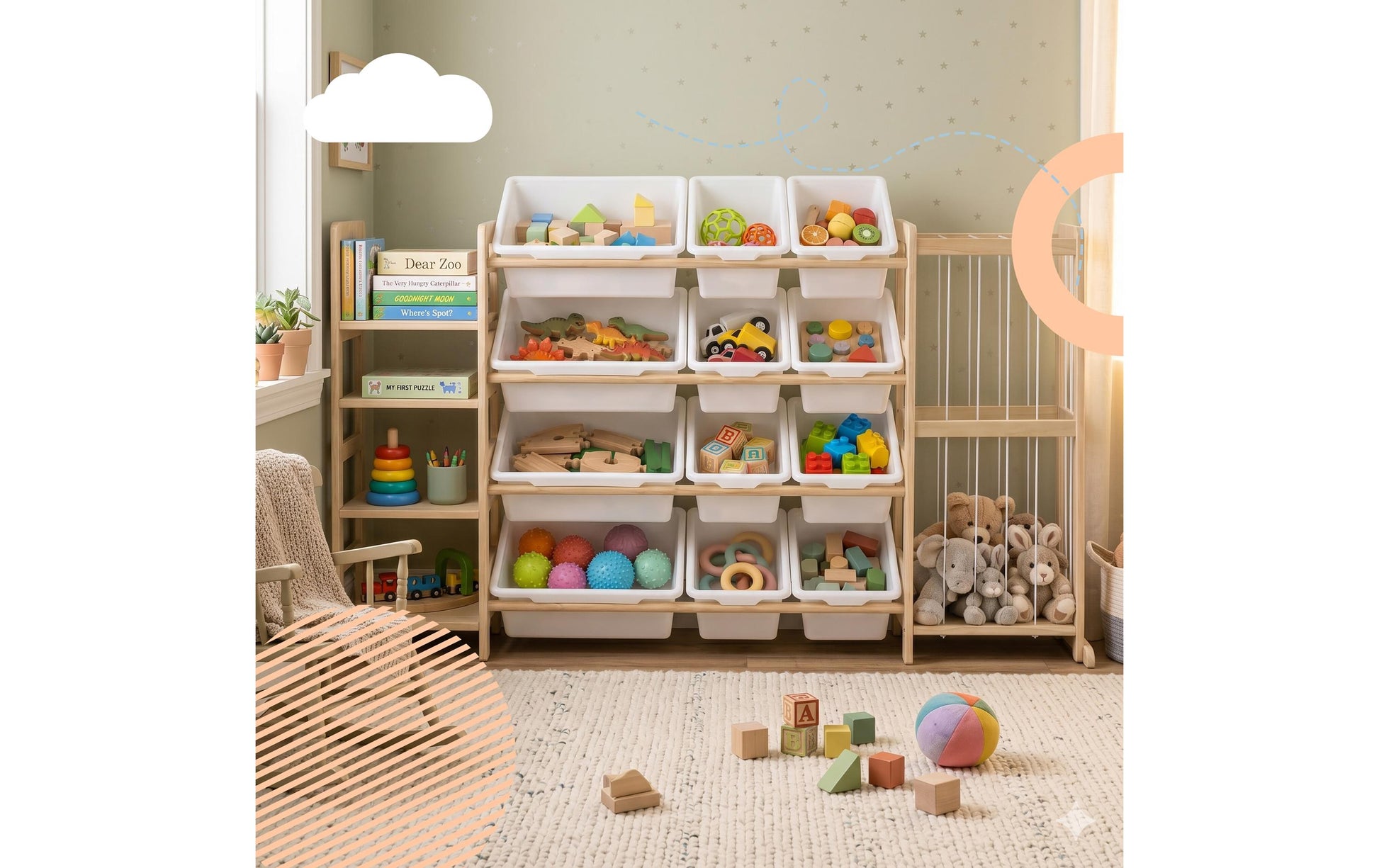 Relaxdays Kinderregal – Kiefernholz/Kunststoff/Polyester – Braun/Weiss – 4 Tablare – 1500 × 800 × 300 mm