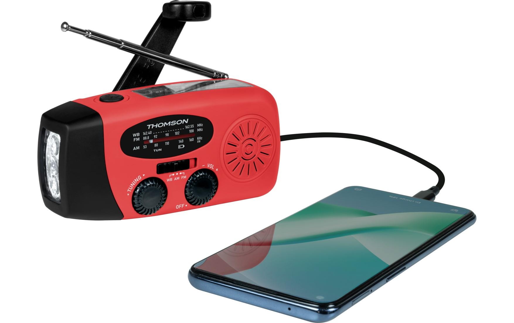 Thomson RT260R – Tragbares Radio, AM/FM, Solar, Dynamo, Powerbank, USB-C, spritz-/staubgeschützt – Rot