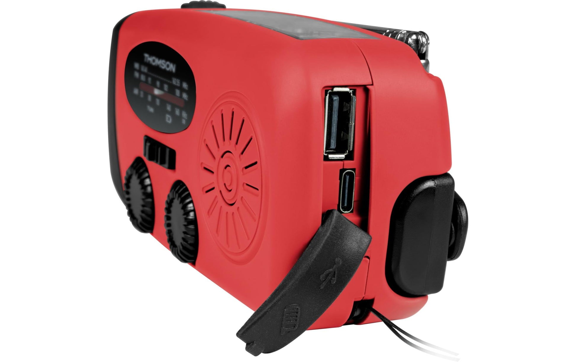 Thomson RT260R – Tragbares Radio, AM/FM, Solar, Dynamo, Powerbank, USB-C, spritz-/staubgeschützt – Rot