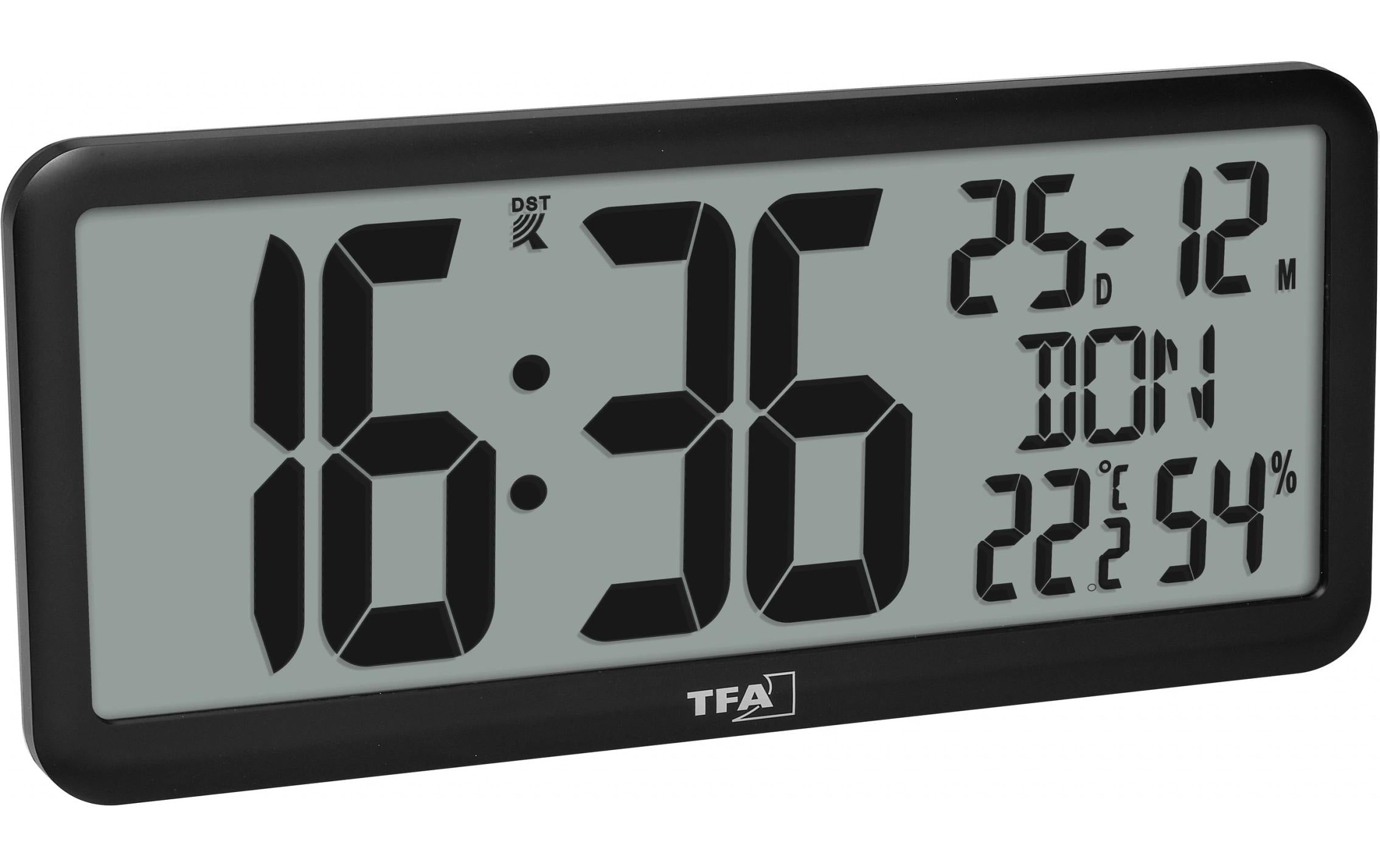 TFA-Dostmann TFA Dostmann Wanduhr – Digital, Funk, Thermometer & Hygrometer, 35,6 × 16,1 × 2,7 cm, Schwarz
