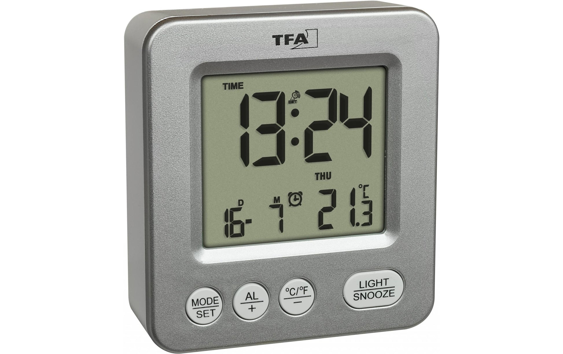 TFA-Dostmann TFA Dostmann Digitalwecker – Funk, Schlummerfunktion, Thermometer, 6,4 × 6,9 × 2,3 cm, Silber