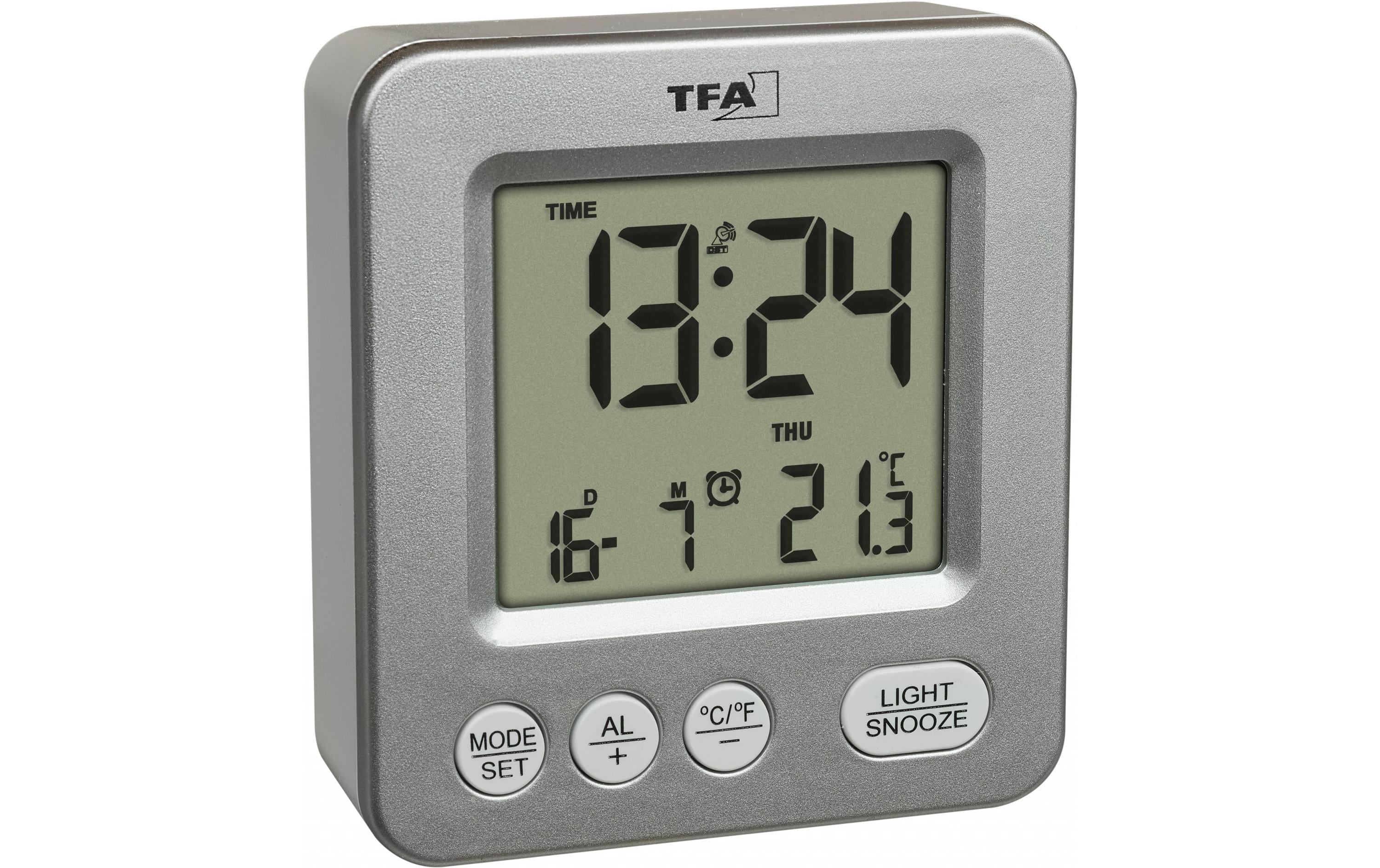 TFA-Dostmann TFA Dostmann Digitalwecker – Funk, Schlummerfunktion, Thermometer, 6,4 × 6,9 × 2,3 cm, Silber