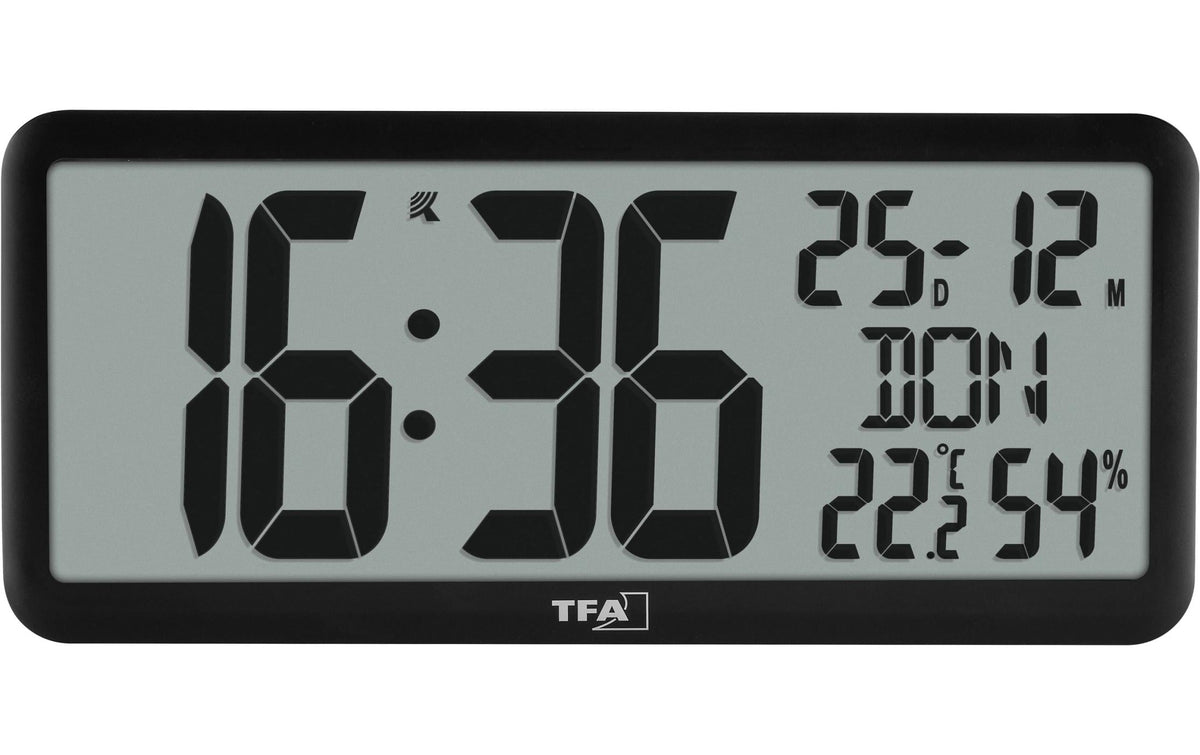 TFA-Dostmann TFA Dostmann Wanduhr – Digital, Funk, Thermometer & Hygrometer, 35,6 × 16,1 × 2,7 cm, Schwarz