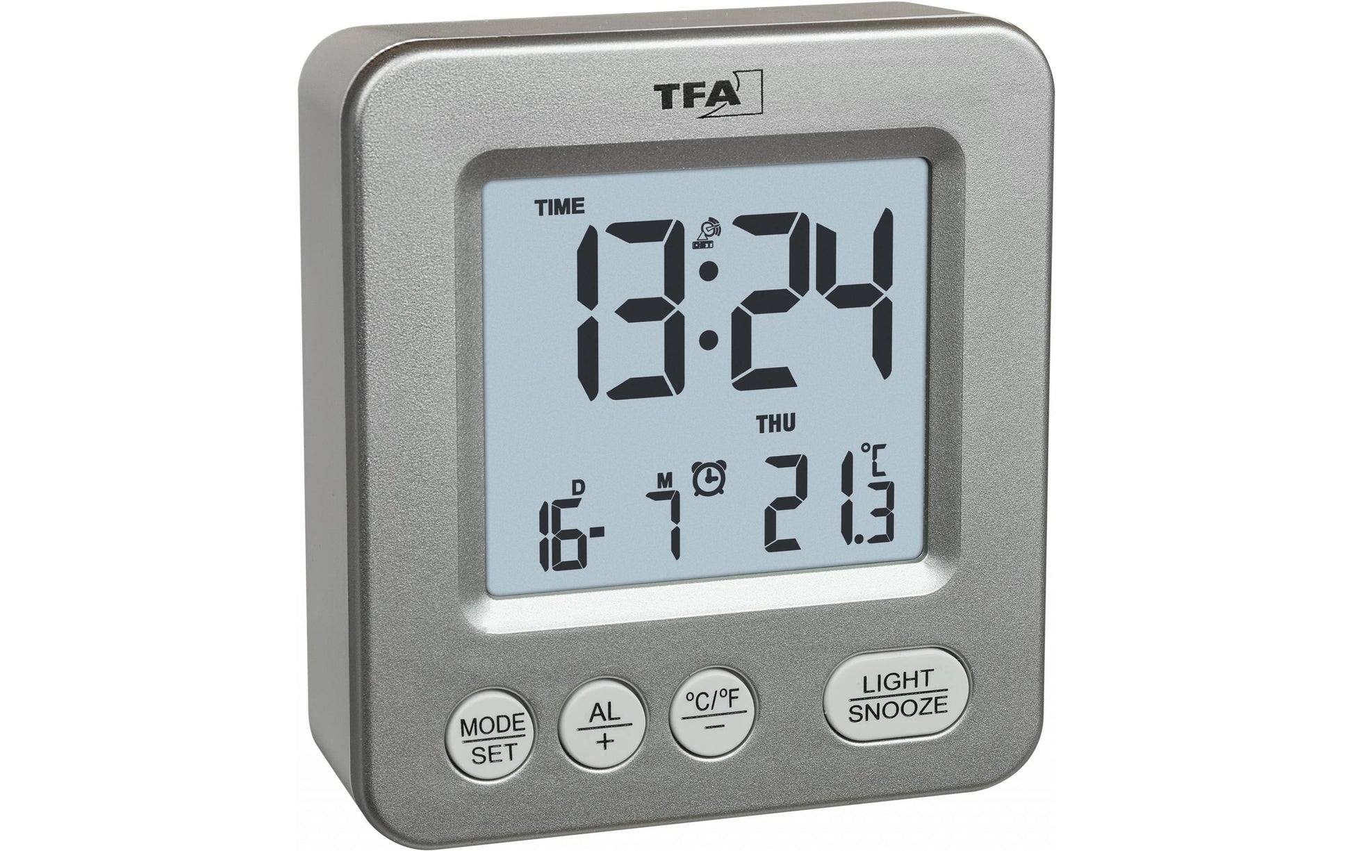 TFA-Dostmann TFA Dostmann Digitalwecker – Funk, Schlummerfunktion, Thermometer, 6,4 × 6,9 × 2,3 cm, Silber