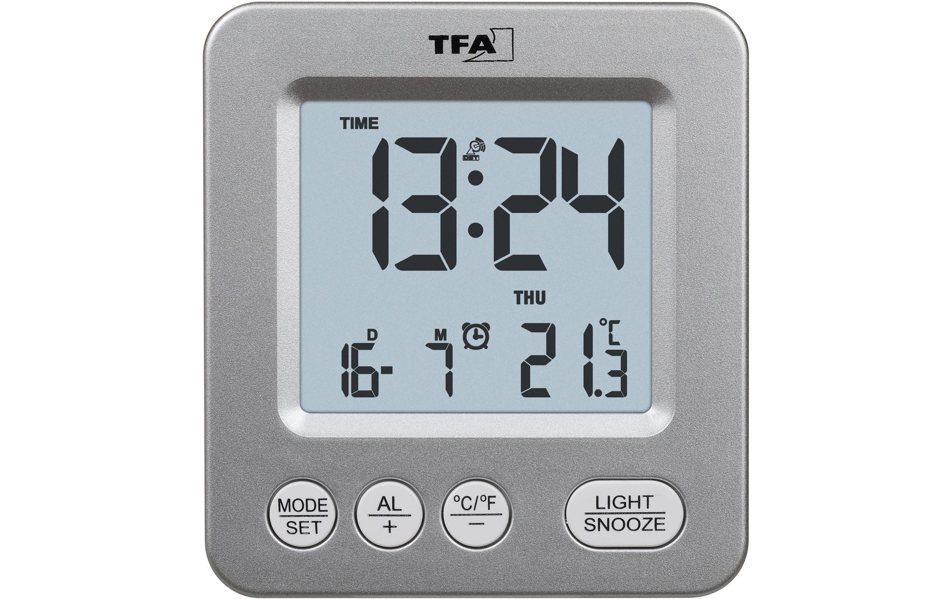 TFA-Dostmann TFA Dostmann Digitalwecker – Funk, Schlummerfunktion, Thermometer, 6,4 × 6,9 × 2,3 cm, Silber
