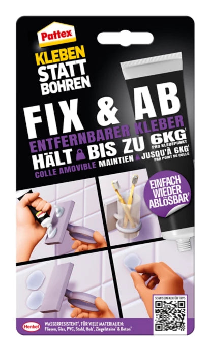 Pattex Kleben statt Bohren Fix & Ab Montagekleber – transparent, wasserfest, für Metall, Glas, 44 g