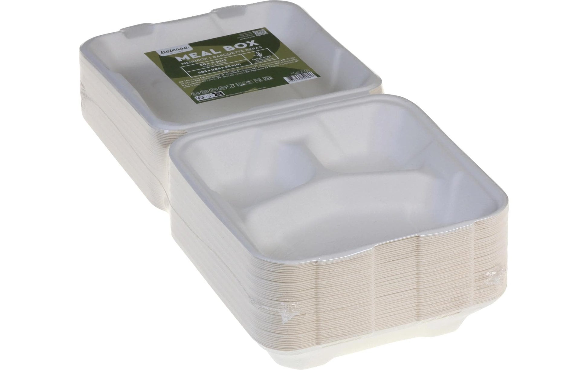 Belesse Take-away-Box nature, Bagasse (Zuckerrohr), 3-teilig – 205 × 205 × 65 mm, weiss – 50 Stk.