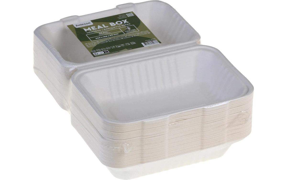 Belesse Take-away-Box, Bagasse (Zuckerrohr) – 230 × 158 × 80 mm, weiss – 50 Stk.