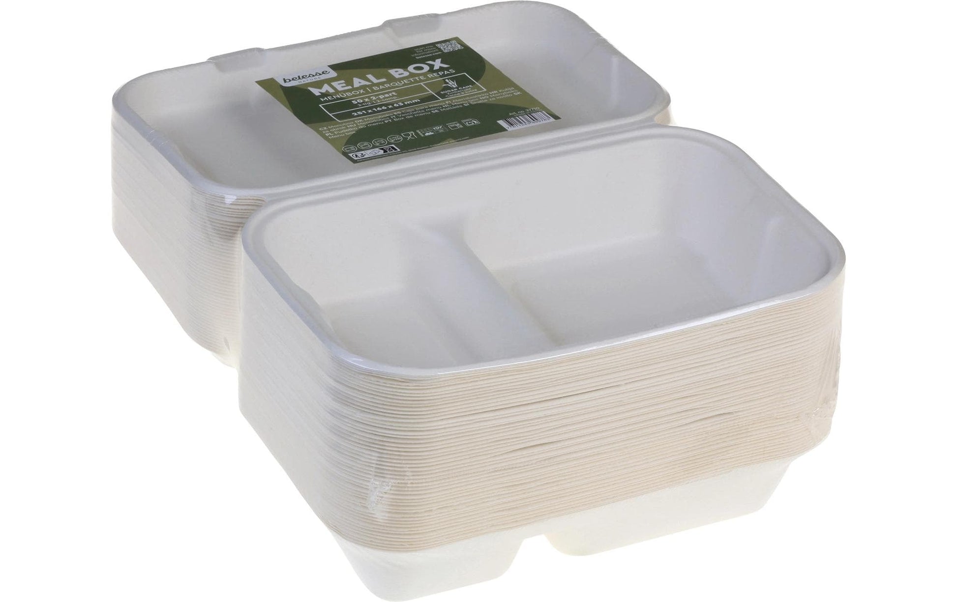 Belesse nature Take-away-Box, Bagasse (Zuckerrohr), 2-teilig – 251 × 166 × 63 mm, weiss – 50 Stk.