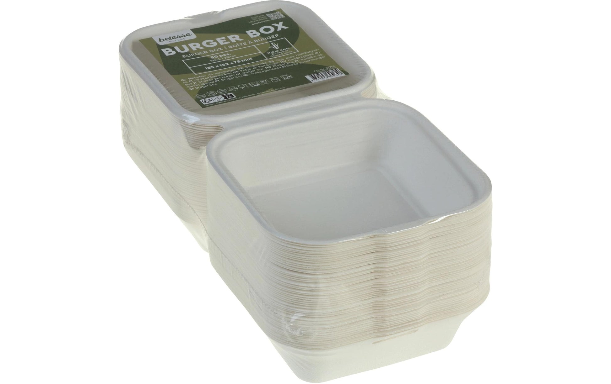 Belesse Burger Box, Bagasse (Zuckerrohr) – 155 × 152 × 78 mm, weiss – 50 Stk.