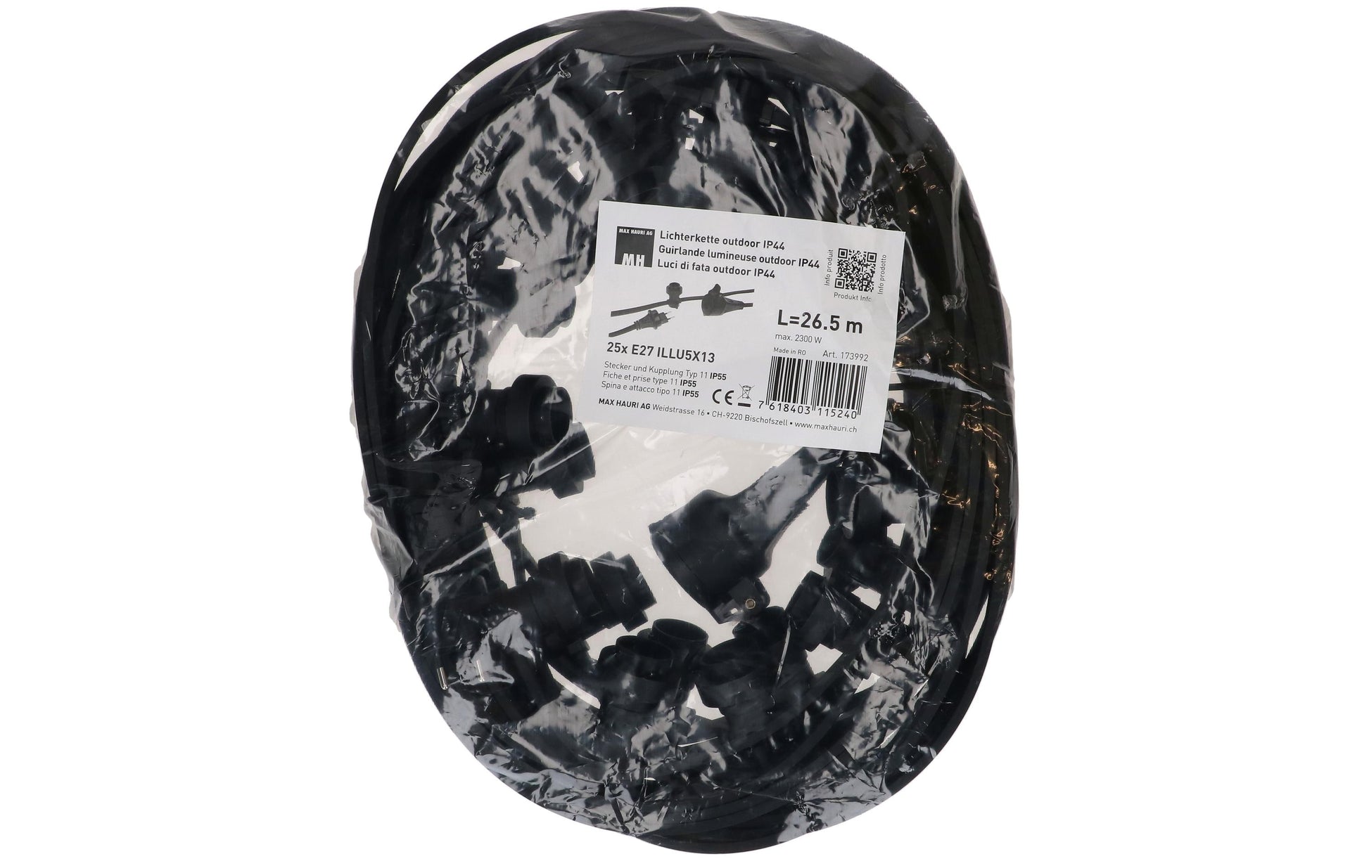 Max Hauri AG Lichterkette ILLU5X13 – 26,5 m – IP44 – Netzbetrieb – Schwarz