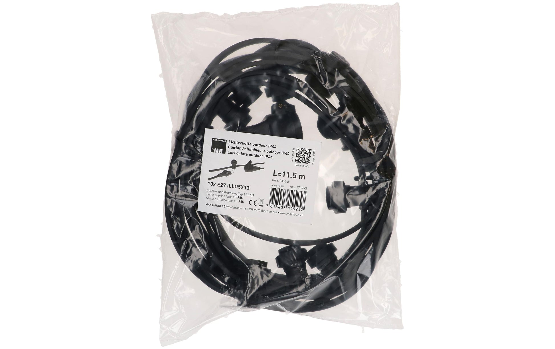 Max Hauri AG Max Hauri Lichterkette ILLU5X13 – 11,5 m, 10 LEDs – IP44, IP55 – Netzbetrieb – Schwarz