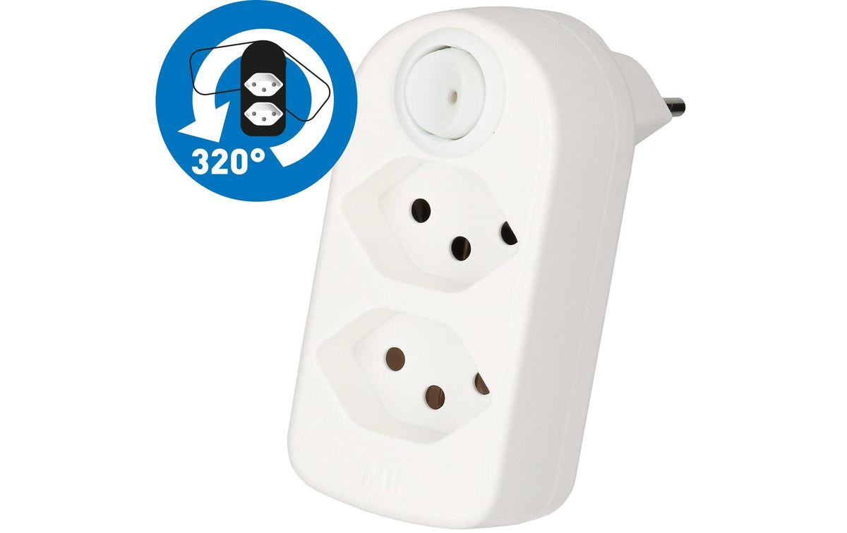 Max Hauri AG Max Hauri ADAPT Abzweigstecker – T12 zu 2× T13, beleuchteter Schalter drehbar 320° – Weiss