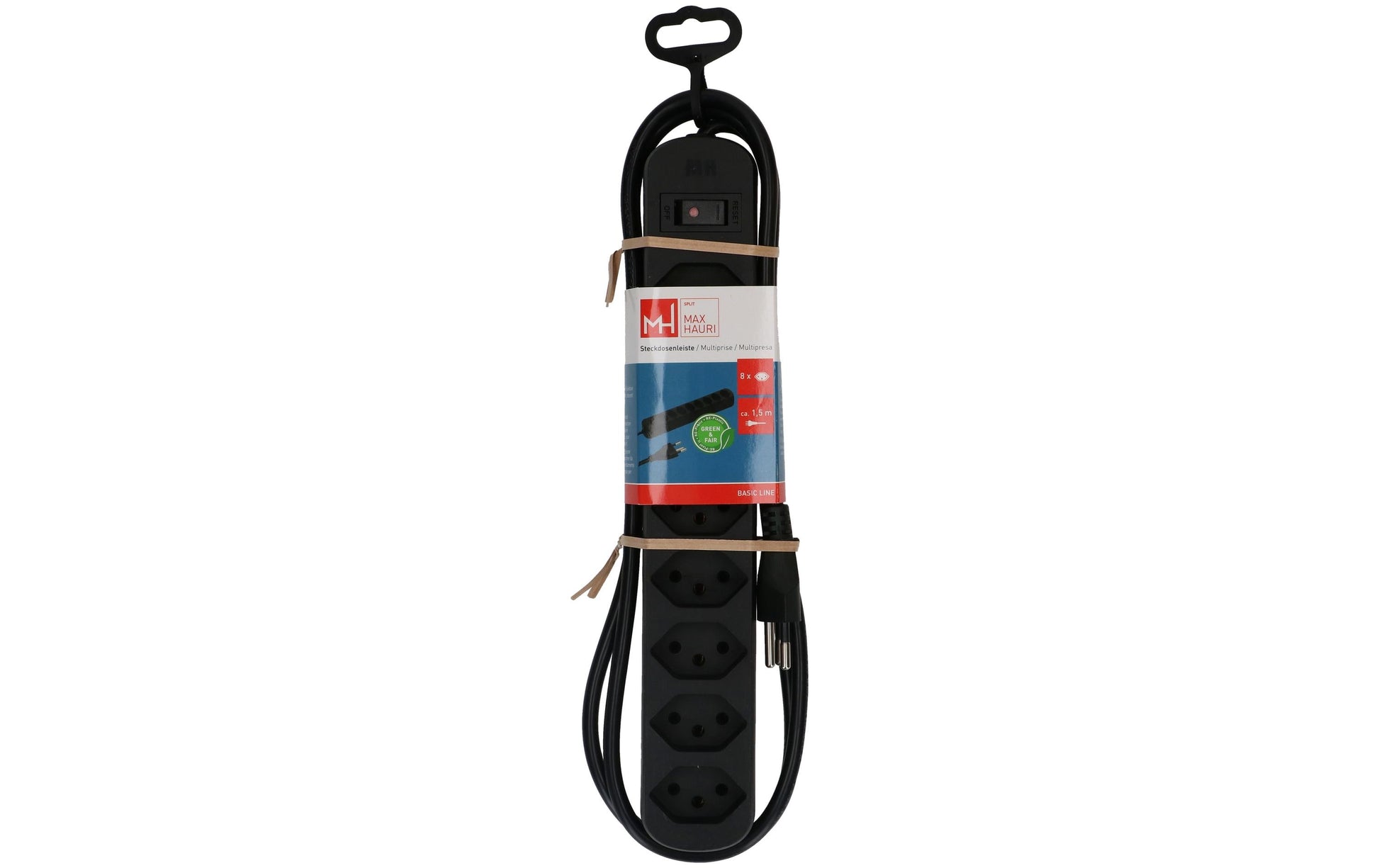 Max Hauri AG Max Hauri Basic-Line Steckdosenleiste, 8×T13, mit Schalter, 1,5 m, Eingang T12, Überstromschutz – Schwarz