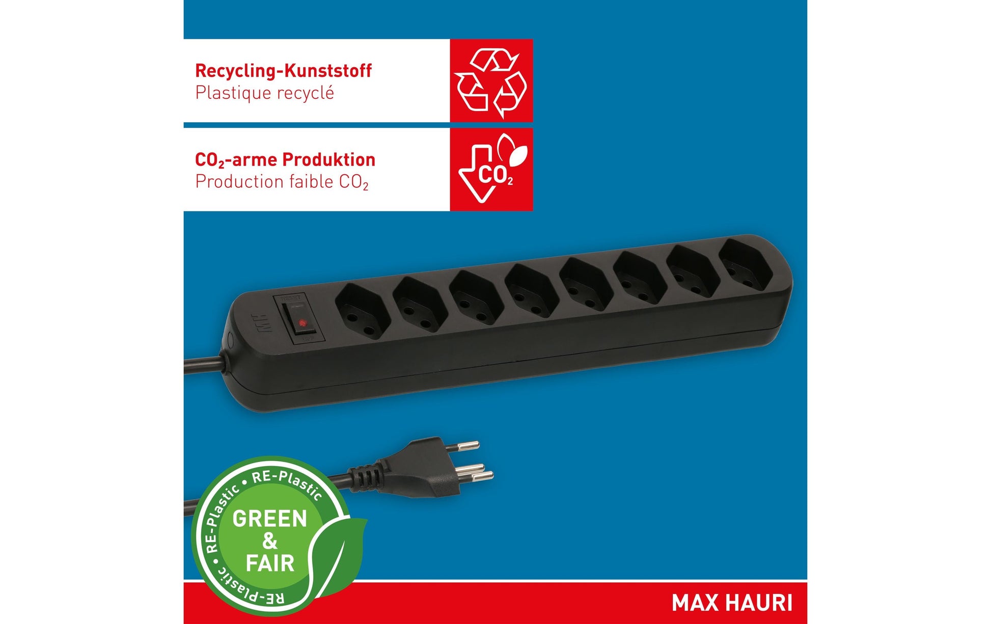 Max Hauri AG Max Hauri Basic-Line Steckdosenleiste, 8×T13, mit Schalter, 1,5 m, Eingang T12, Überstromschutz – Schwarz