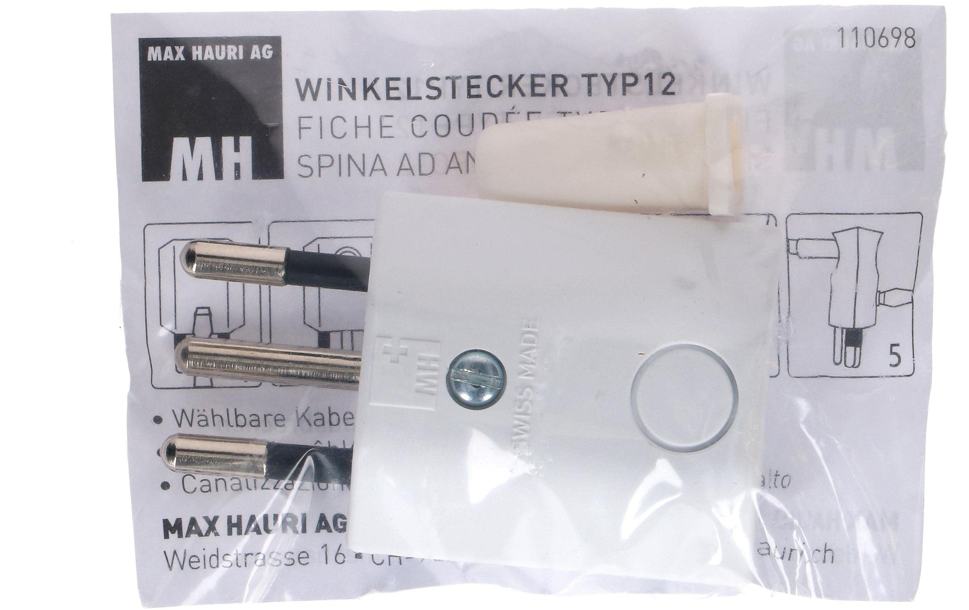Max Hauri AG Max Hauri Adapterkabel, T12–offen, 3-polig (geerdet), einseitig gewinkelt, mit Schalter – weiss