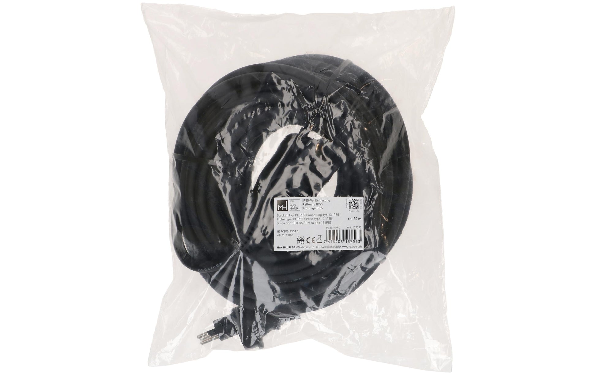 Max Hauri AG Max Hauri Verlängerungskabel, T13–T13, 20 m, IP55, 1,5 mm², Gummiummantelung, angespritzt – schwarz