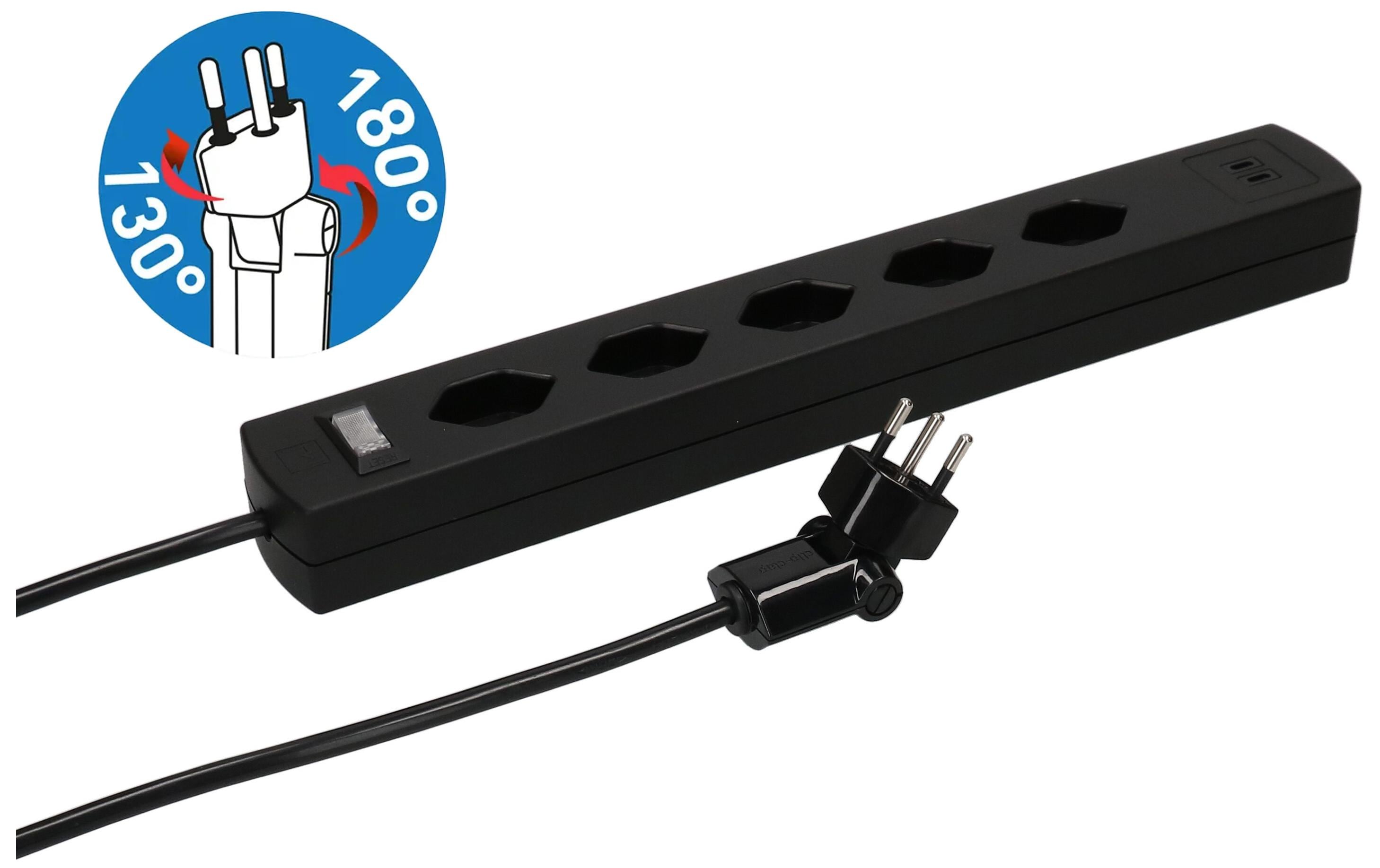 Max Hauri AG Max Hauri SAFETY-LINE Steckdosenleiste – 5× T13, 2× USB-C 20 W, 5 m, mit Schalter, schwarz