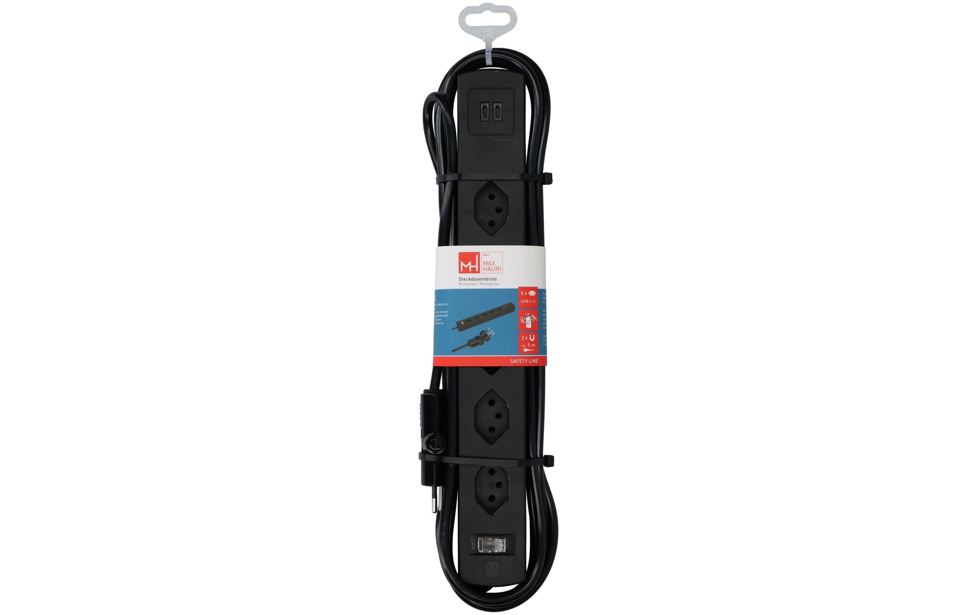 Max Hauri AG Max Hauri SAFETY-LINE Steckdosenleiste – 5× T13, 2× USB-C 20 W, 5 m, mit Schalter, schwarz