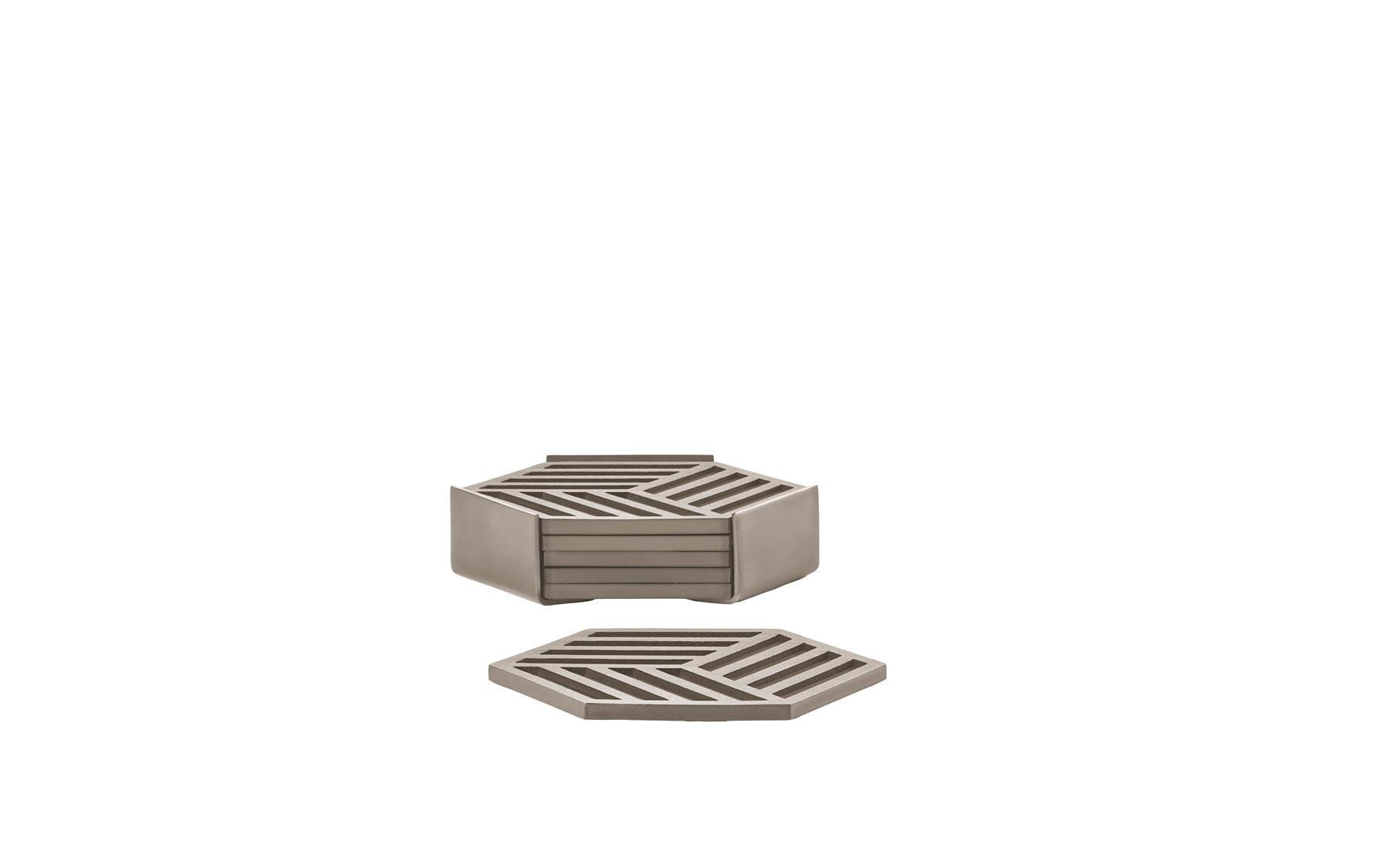 Zone denmark Glasuntersetzer Hexagon – 6er Set, Ø 10 cm, Metall/Silikon, Taupe