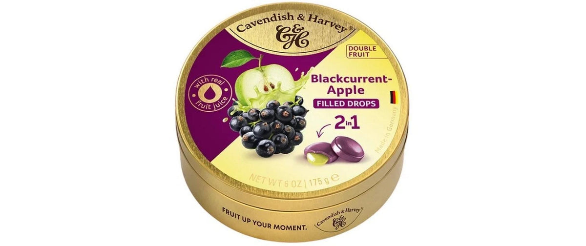 Cavendish & Harvey Gefüllte Lutschbonbons – Schwarze Johannisbeere & Apfel, glutenfrei, vegan – 175 g
