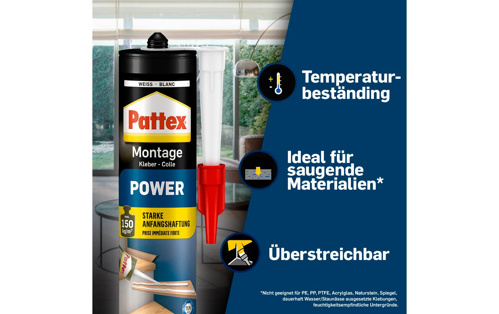Pattex Montagekleber Power – Kartusche – Weiss – 370 g – für Beton, Gips, Holz